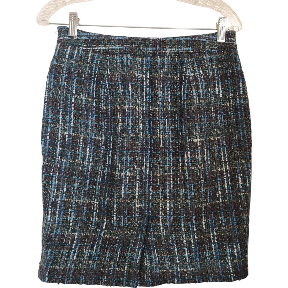 J. Jill Tweed Skirt 4 Petite Pencil Mini‎ Knee Lined Heather Blue Office Work